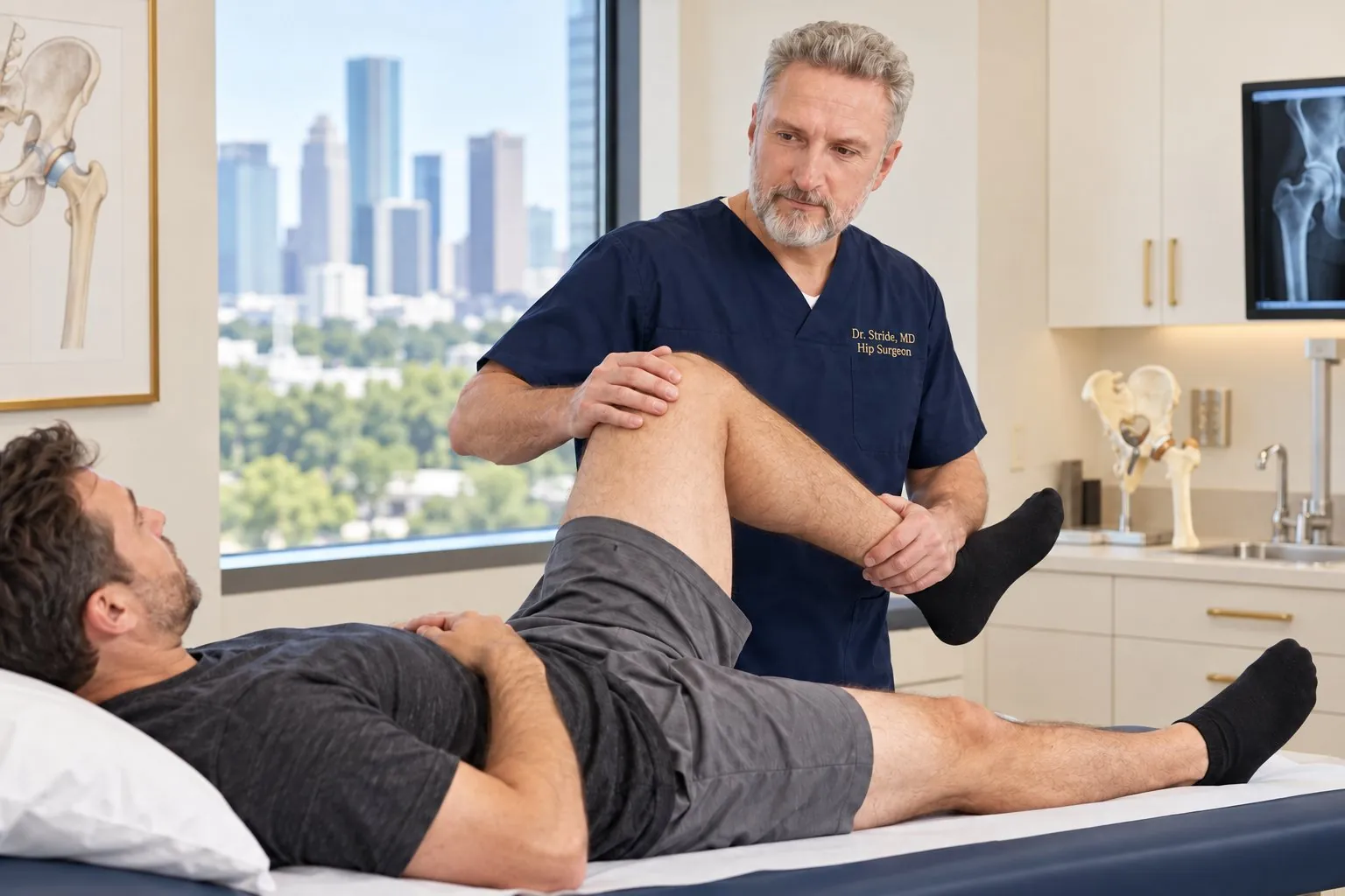 Dr. Stride bending a patient's hip and knee to test hip motion on the exam table