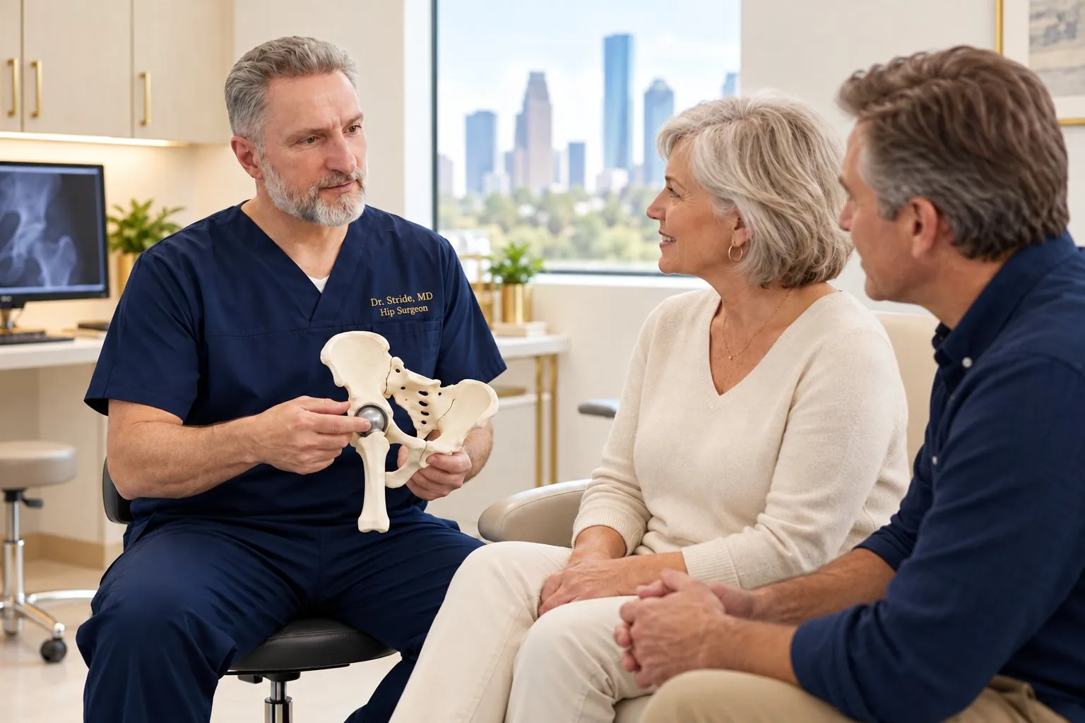 Dr. Stride explaining a hip with a pelvis model to a patient and her husband
