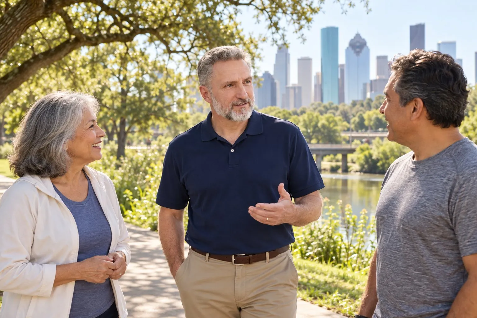 Dr. Stride talking with patients on a walk along the bayou trail