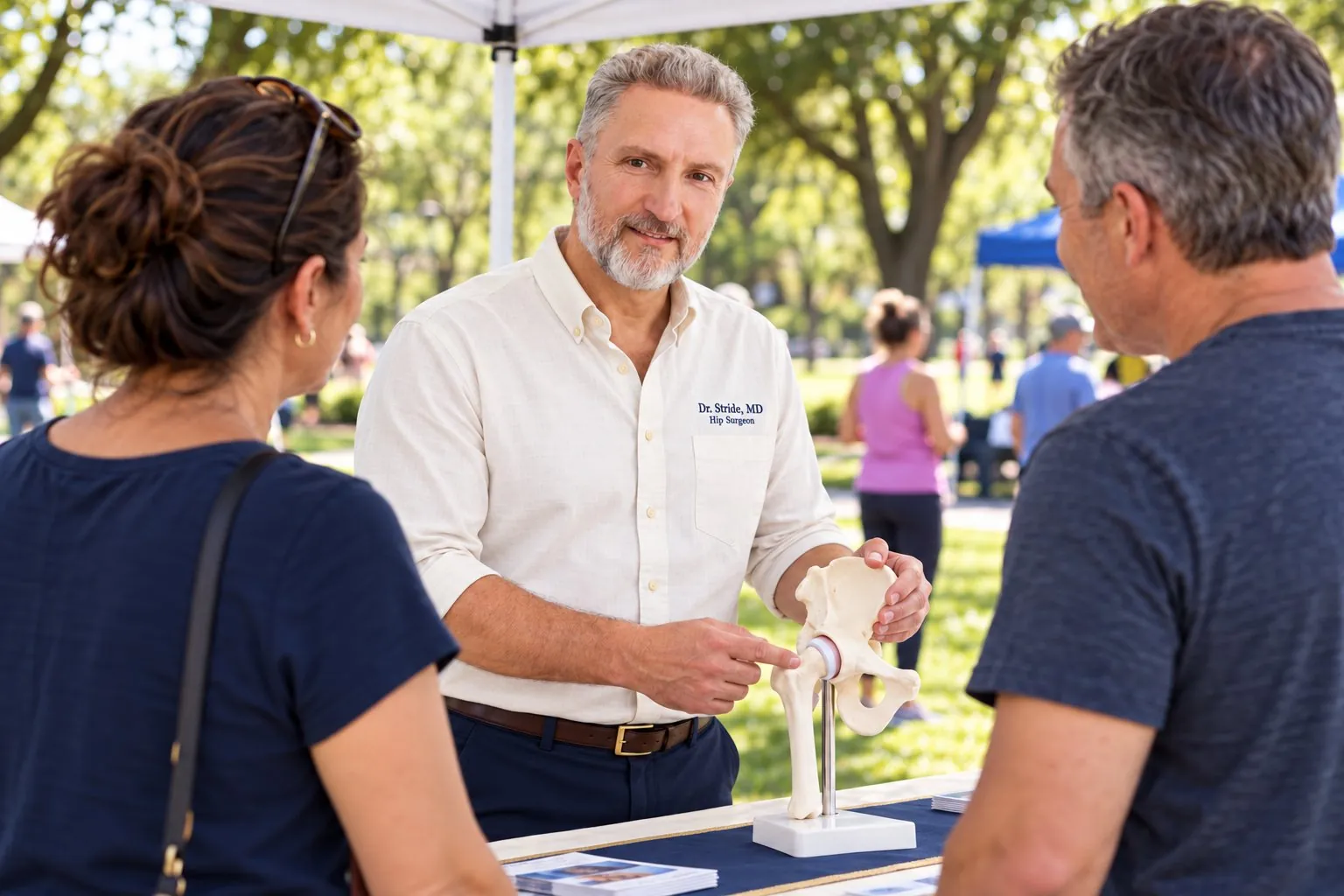 Dr. Stride explaining a hip model at a community health fair