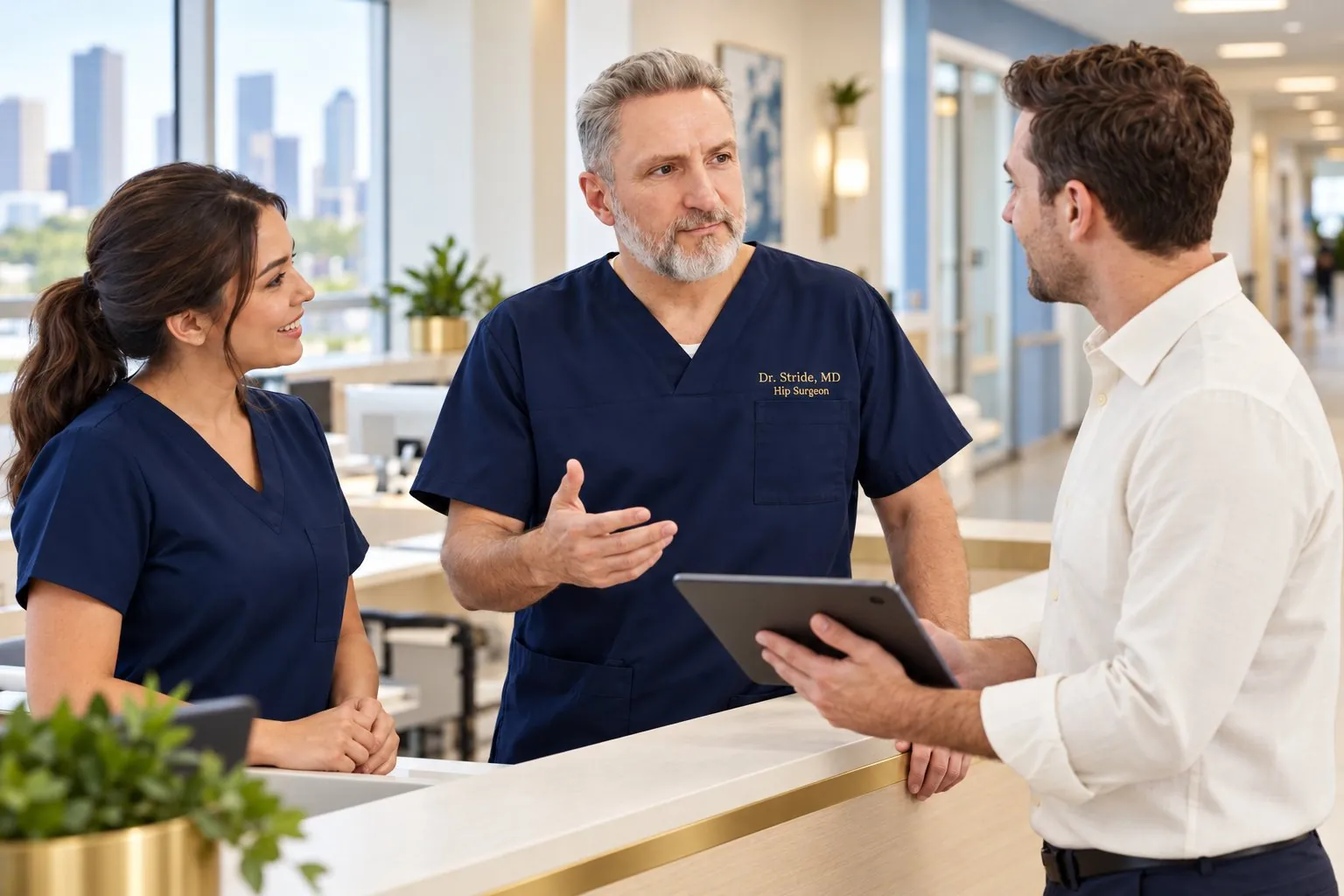 Dr. Stride reviewing a plan with patients at the front desk