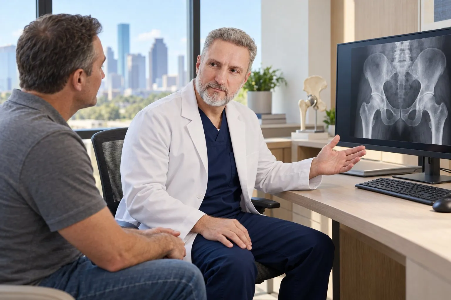 Dr. Stride walking a patient through a pelvis X-ray on the screen