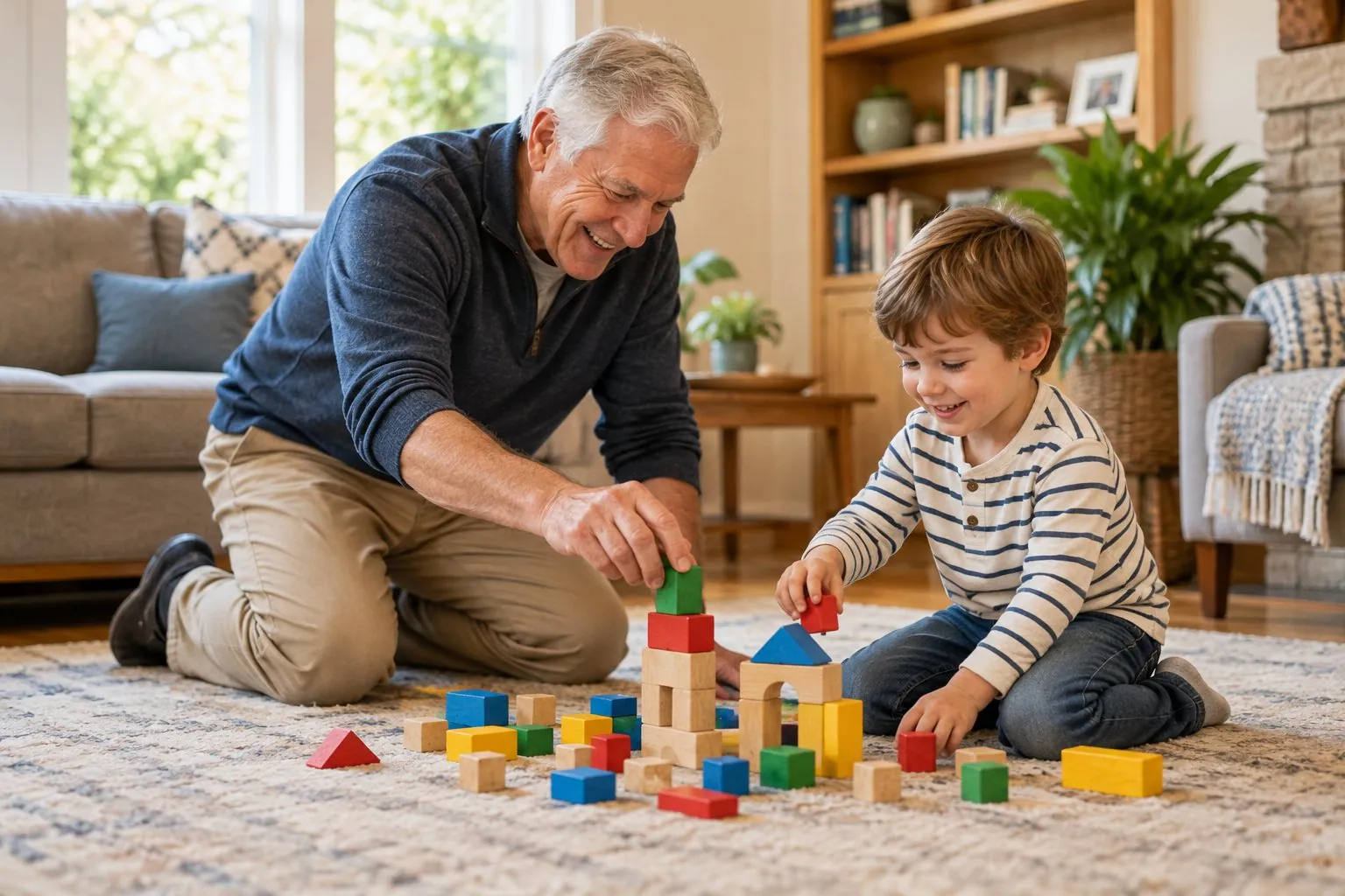 Grandfather kneeling on the floor to build blocks with his grandson