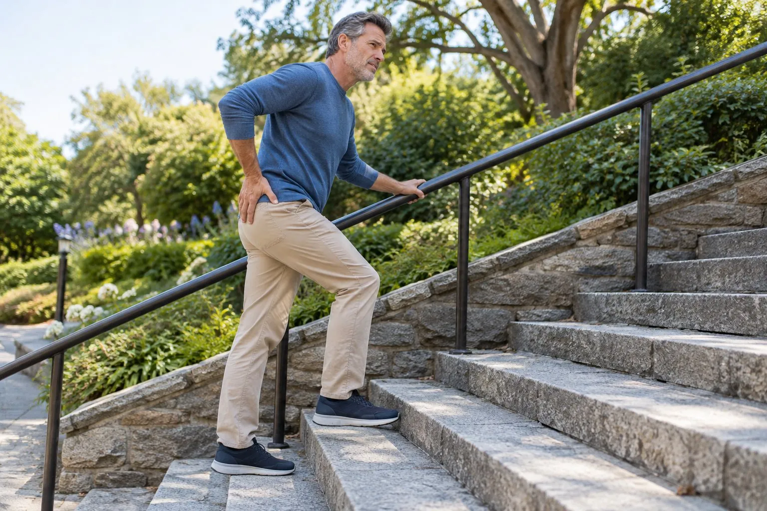 Man climbing stairs with a hand on his hip
