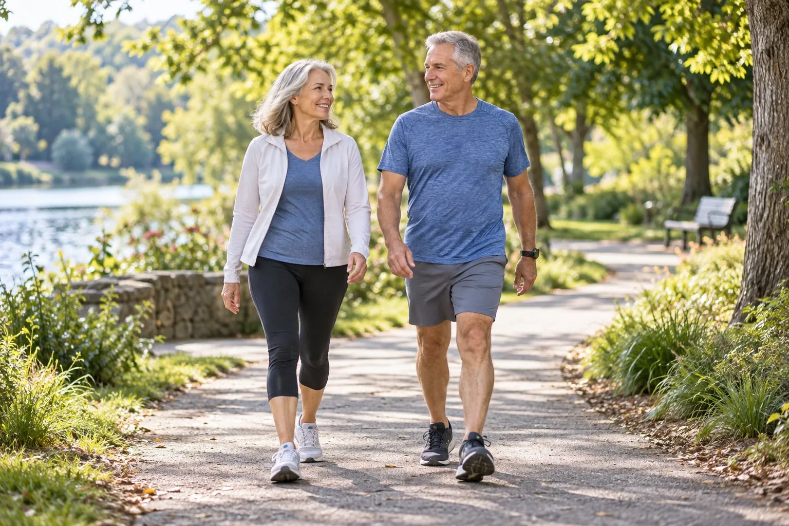 Couple in their sixties walking on a park path